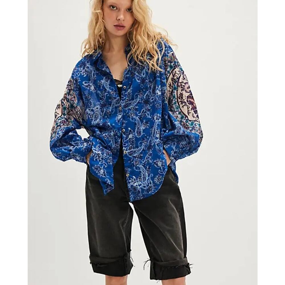Free People Free People Rose Bud Blouse Shirt Cotton Blue Boho Oversized XS NWT